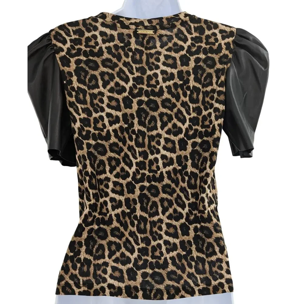 Michael Kors Leopard Print Faux Leather Sleeves Size XS - Picture 10 of 15